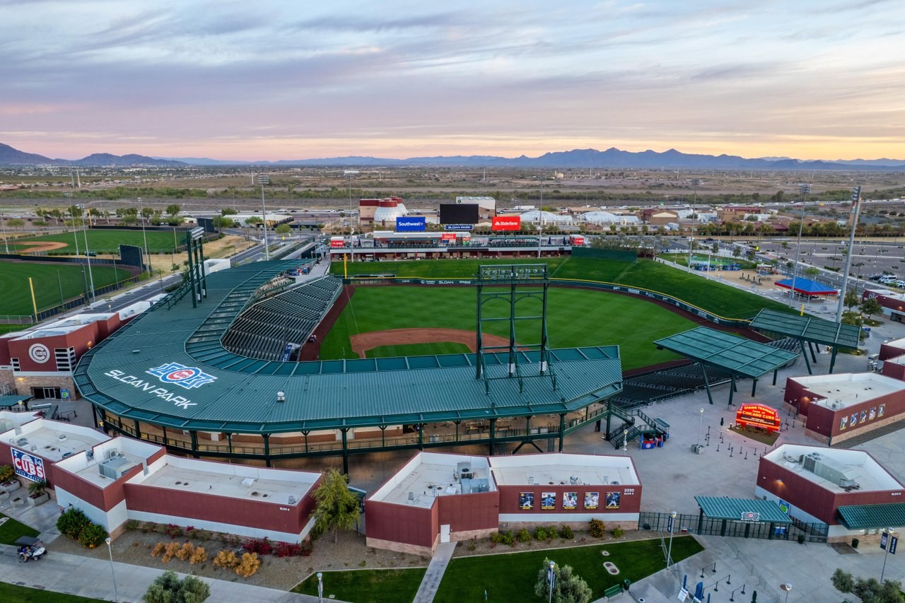 Aerial view of Sloan Park in Mesa at sunset
